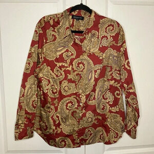 Jones New York Signature Red Gold Paisley Cotton Button Up Shirt Womens 2x